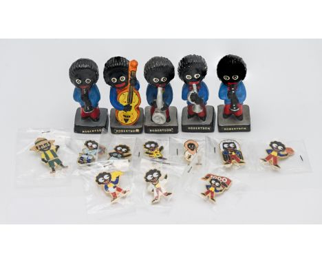 Collection of Robertson Jam collectables, comprising five figurines modelled as musicians and ten enamel badges. Notice from 