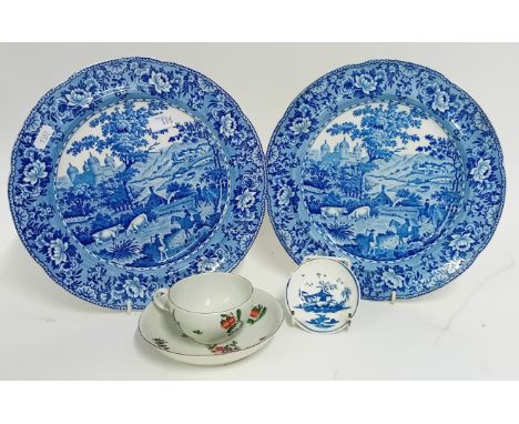 An 18th century Royal Worcester Meissen Style teacup and saucer, floral decoration, together with two Chinese Export Ware blu