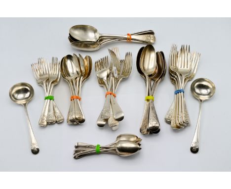 A set of Victorian Royal Navy Issue Admiralty Pattern flatware, comprising twelve serving spoons, nine dessert spoons, fiftee