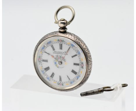 A ladies silver pocket watch, hallmarked, roman enamel dial with painted floral decoration, by Kay Jones &amp; Coy, boxed, wi