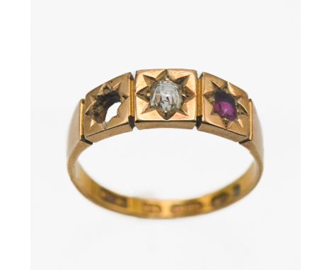 A 15ct ruby and diamond ring (missing stone), weight 3.1g.