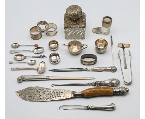 Two silver and enamel teaspoons, together with various other silver and silver plate items, to include two silver letter open