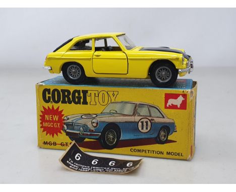 A boxed Corgi Toys No.345 M.G.C.GT Competition Model with numbers on sheet, M, box Ex plus