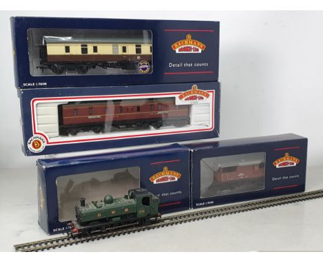 A Bachmann 00 gauge 67XX 0-6-0 Pannier Tank in GWR livery, a boxed Bachmann BR Mk.1 Brake Coach, a boxed Bachmann LMS Parcel 