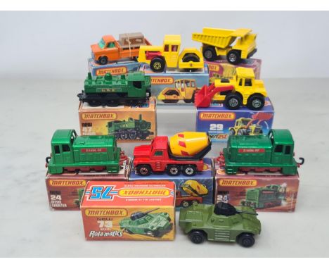 Nin boxed Matchbox Superfast Models including No.19 Cement Truck, 2x No.24 Diesel Shunter, No.29 Tractor Shovel, No.47 Pannie
