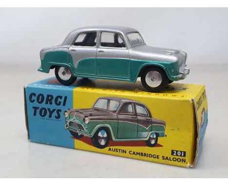 A boxed Corgi Toys No.201 silver over green Austin Cambridge Saloon, M, box Ex plus