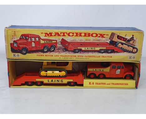 A boxed Lesney-Matchbox K-8 Prime Mover and Transporter with Caterpillar Tractor, Ex plus, box Ex