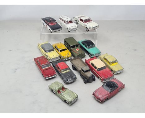 Fourteen play worn Dinky and Corgi Toys including Oldsmobile Super 88, VW Karmann Ghia, Hudson Hornet, Fiat 1800, Ford Sedan,
