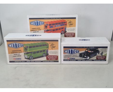A boxed Corgi Mettoy Routemaster Bus 'London Transport', London Country green Routemaster and Austin FX4 London Taxi Black Ca