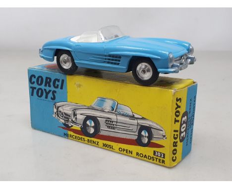 A boxed Corgi Toys No.303 blue Mercedes-Benz 300SL open Roadster, M, box Ex