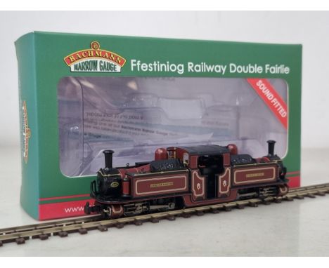 A boxed Bachmann Narrow Gauge 009 gauge DCC sound fitted Double Fairlie Locomotive in Ffestiniog Railway maroon livery