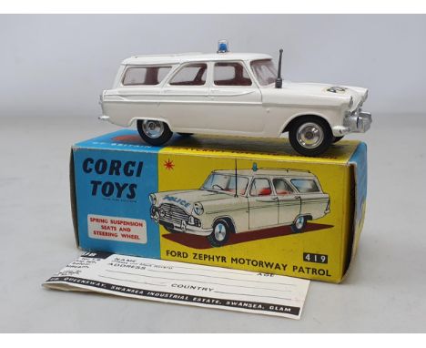 A boxed Corgi Toys No.419 Ford Zephyr Motorway Patrol with dished hubs, M, box Nr perfect