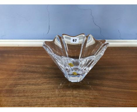 A clear glass Orrefors hexagonal glass vase, signed, 14cm height