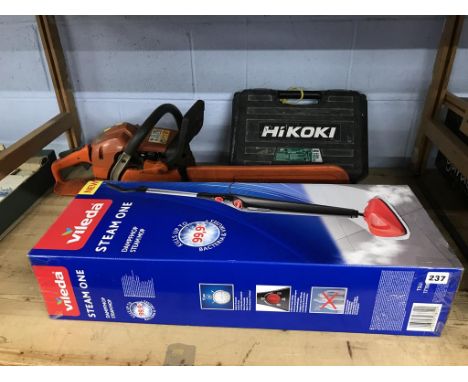 A chainsaw, drill and a steam mop