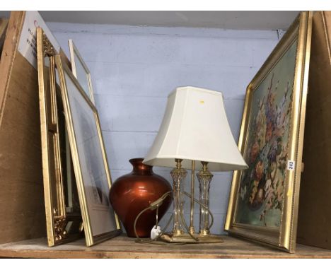 Gilt framed pictures, mirrors and a lamp