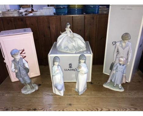 Two boxed Lladro figures and three Nao figures