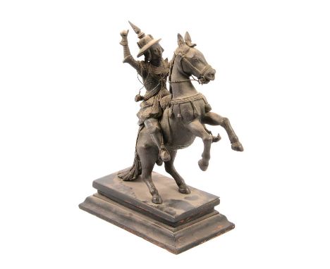 Bronze equestrian figure of a Chinese Warrior, on a rearing horse, ebonised plinth, 26cm.Qty: 1