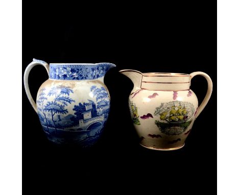 Spode transferware jug, 'Sir R Greasley / For ever / Hussa / 1826', printed Italian pattern, initialled E.S.M., cracked, 26cm