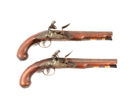 Pair of flintlock pistols, 20cm barrels marked Collumbell, London, lockplates also marked Collumbell, full walnut stock, stee