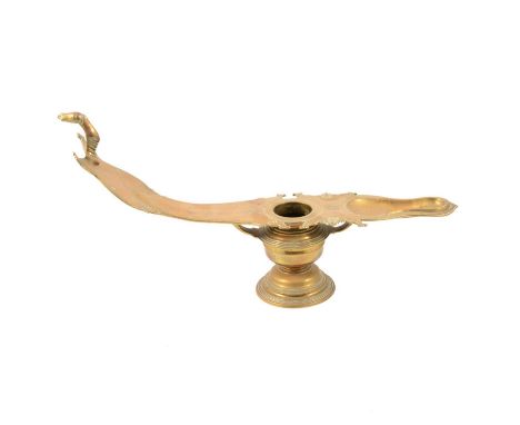Persian brass lamp-shape ink stand, with horse-head terminal, reeded ringed base, length 46cm.
