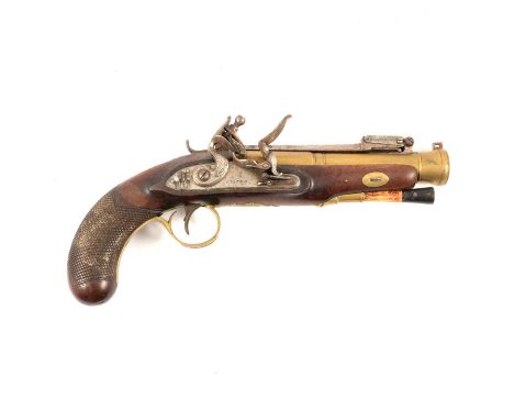 Flintlock blunderbuss pistol, 15cm brass barrel marked Exeter Change London, steel lockplate marked Clarke, walnut stock with