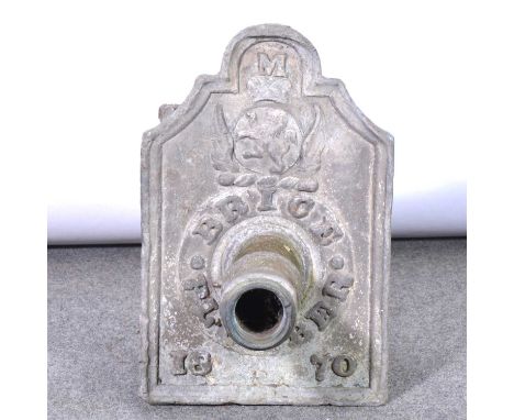 Victorian lead hopper-overflow, with armorial bearings, inscription ‘BRICE PLUMBER 1870’, 36cm.Qty: 1
