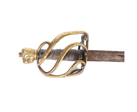Officer's sword, 90cm fullered blade engraved G (?) R under a coronet, brass looped basket guard, fish skin grip, with lion’s