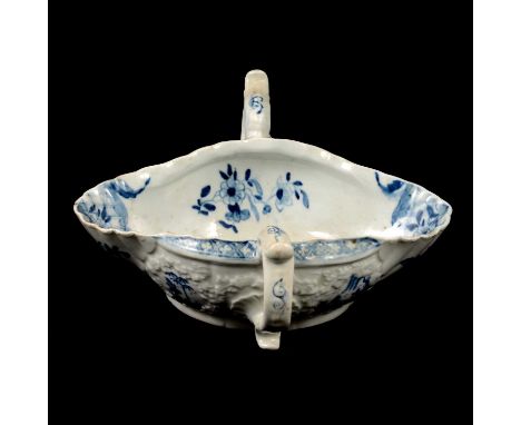 First Period Worcester porcelain blue and white two-handled sauceboat, painted with the Sauceboat Landscape pattern, 1755-60,