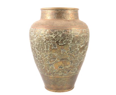 Indo-Persian brass baluster-shape vase, embossed and repoussé decoration of lions hunting deer, 35cm.Qty: 1