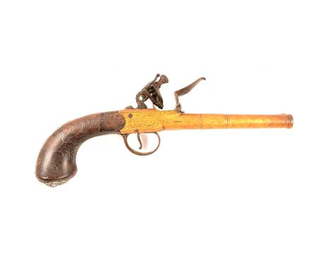 Flintlock boxlock side-by-side double barrel pistol, 14cm screw-off canon barrels numbered respectively 3 and 4, signed Barba