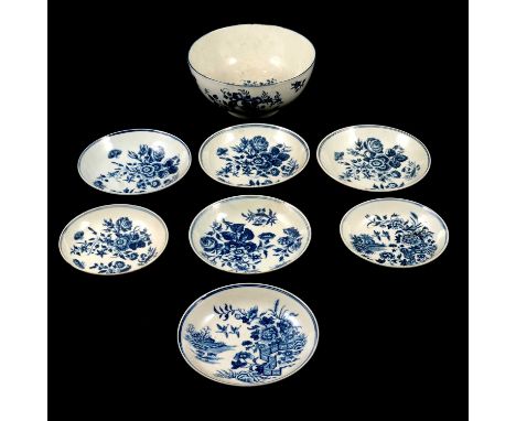 First Period Worcester porcelain blue and white basin, blue printed Fruit Sprigs pattern, 1770-80, diameter 16cm; and seven W