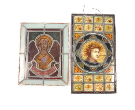 Victorian leaded and stained glass panel, DANTE, with a central portrait roundel, some damage, 48 x 27cm; and another stained