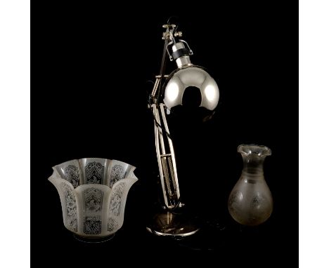 Modern chrome anglepoise lamp, 55cm; oil lamp shade; opaque shade and a chimney.Qty: 4