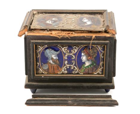 Renaissance style ebonised casket, probably late 19th Century, inset with Limoges enamelled portrait panels, two each aspect,