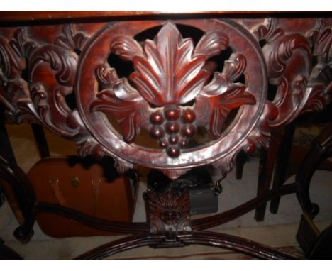 A Mahogany Finish Rococo Design Serpentine Front Console Table raised on four cabriole supports, with carved and pierced frie