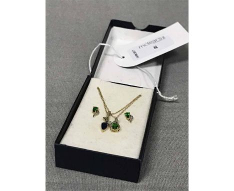 DIOPSIDE AND DIAMOND GOLD PENDANT AND EARRINGSalong with a sapphire and diamond pendant on a gold chain