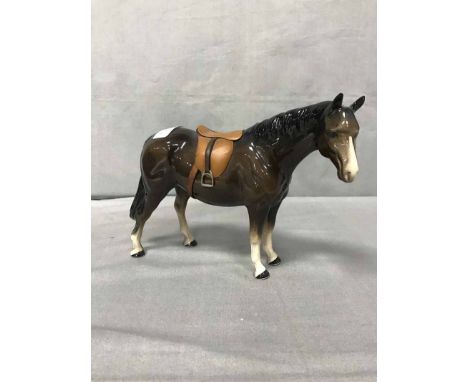 CERAMIC MODEL OF DRAY HORSE AND CART ALONG WITH CERAMIC MODEL OF A RIDING HORSE