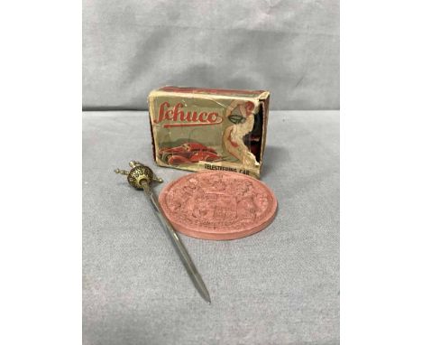 SHUCO TELESTEERING CARin original box, along with a ceramic plaque, measuring instruments, cup hilt rapier letter opener (6)