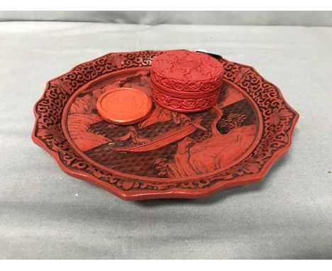 CINNABAR PLATEalong with a cinnabar trinket box, and a seal