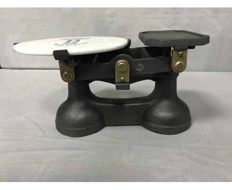 SET OF EARLY 20TH CENTURY BUTTER SCALES WITH CERAMIC TRAYalong with weights and five measuring ladles