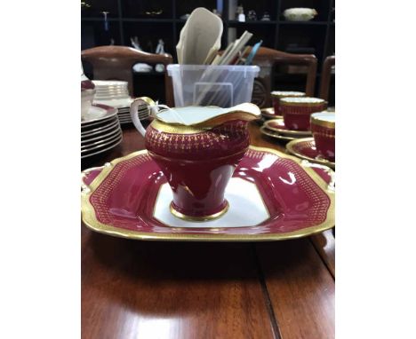 AYNSLEY MAROON AND GILT DECORATED TEA SERVICE