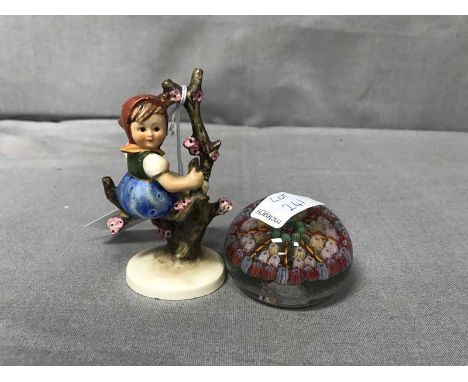 THREE GLASS PAPER WEIGHTS AND TWO GOEBEL FIGURES