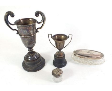 Two silver and cut glass trinket pots and two silver cups a/f