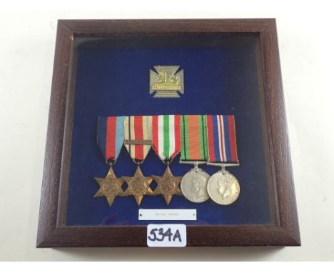 A WW2 five medal group awarded to Major W K Carson:- 1939 - 1945 Star, Africa Star with 8th Army Clasp, Italy Star, Defence m