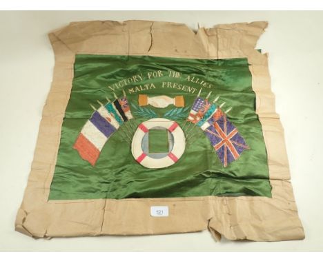 A WWII silk embroidered panel 'Victory for the Allies - Malta Present' 49 x 40cm