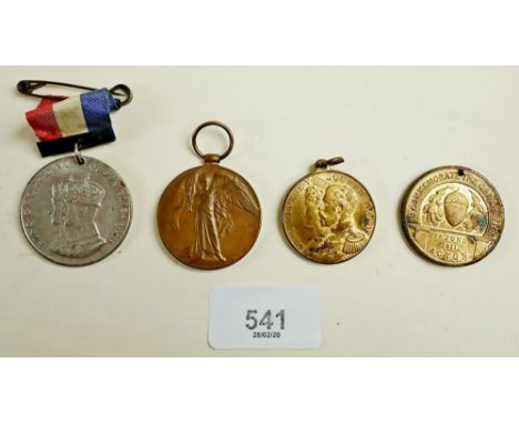 A WWI Victory medal awarded to Pte J S Cox (18055) Royal Marines Light Infantry (Chatham), together with three Coronation med