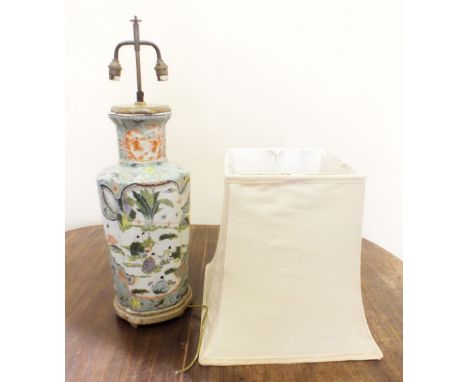 A large Chinese Republic famille verte style twin light table lamp  - 84cm tall