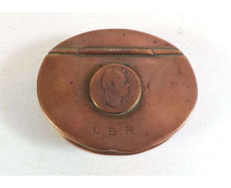 An early 19th century copper snuff box inset with William IV coin and etched initial LBR