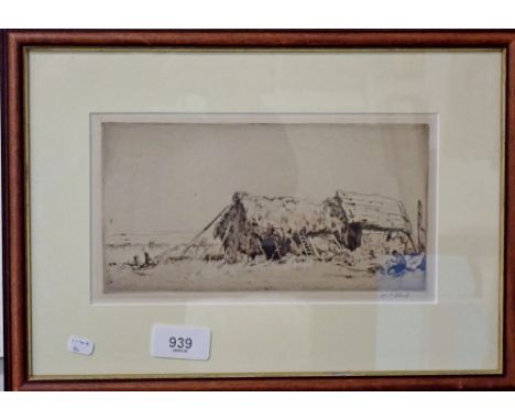 P Robins - etching of a labourer and rustic barns - 10 x 21cm