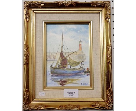 Allan Crane - oil on panel fishing boats and lighthouse 16 x 11cm